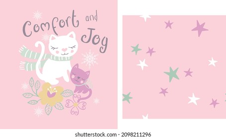 Seamless winter cute cat background with stars and pink  background. For the design of greeting cards, wallpaper, holiday wrapping paper, shop advertising, textile fabric
