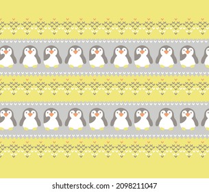Seamless winter cute penguin  background with white snowflakes and yellow background. For the design of greeting cards, wallpaper, holiday wrapping paper, shop advertising, textile fabric
