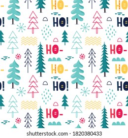 Seamless winter cute Scandinavian pattern with Christmas trees, snowdrifts, snowflakes, snow and graphic elements