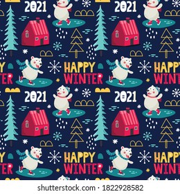 Seamless winter cute Scandinavian pattern with Christmas trees, skating white bears, houses, snowdrifts, snowflakes, snow and graphic elements