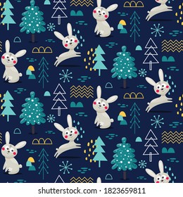 Seamless winter cute Scandinavian pattern with hares, bunnies, Christmas trees, snowdrifts, snowflakes, snow and graphic elements