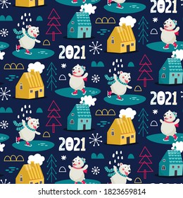 Seamless winter cute Scandinavian pattern with Christmas trees, skating white bears, houses, snowdrifts, snowflakes, snow and graphic elements