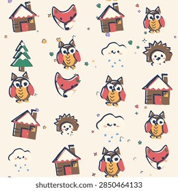 Seamless winter doodle pattern featuring snow clouds, hedgehogs, foxes and owls in offset color style. Repeat print for kids apparel, greeting cards and seasonal decor.