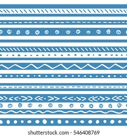 Seamless winter ethnic pattern with blue and white stripes. Repeat straight stripes texture background, vector.