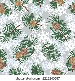 Impresionante estampado floral de invierno con cono de siempre verde y copos de nieve. textura navideña.  Fondo del bosque de nieve.