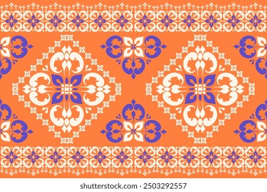 Seamless winter floral pattern with snowflakes and ornaments on a orange background,damask pattern,thai pattern, traditional ethnic, floral, fabric pattern for textiles,wallpaper, clothing, sarong,