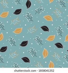 Seamless winter floral pattern. Vector Christmas background with hand-drawn flowers and leaves.