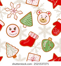 Seamless winter food pattern from Christmas gingerbread sugar glaze cookies and gold snowflakes. Vector background snowman, star, sock, tree, decoration for design wrapping, wallpaper, cover, textile