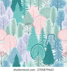 Seamless Winter Forest. Abstract drawing of snow-covered coniferous and deciduous trees. Vector background for covers, postcards, printing, packaging