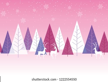 Seamless winter forest background with reindeers, vector illustration. Horizontally repeatable.