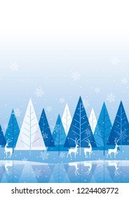 Seamless winter forest background with reindeers, vector illustration. Horizontally repeatable.