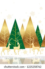 Seamless winter forest background with reindeers, vector illustration. Horizontally repeatable.