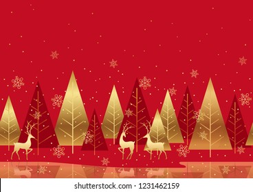 Seamless winter forest background with reindeers, vector illustration. Horizontally repeatable.