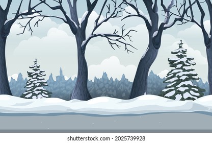 paisaje de bosques de invierno ininterrumpido. interminables antecedentes de juego paralelos con abeto nevado, árboles, deriva de nieve, camino y cielo nublado. ilustración de caricatura de bosques. panorama horizontal de invierno para el diseño