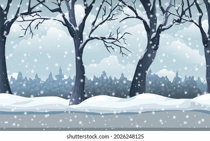 seamless winter forest landscape. Trees in snow. snowy nature illustration. endless parallax game background with snowfall, woods, snowdrifts, road and sky. horizontal scenic panorama for design.