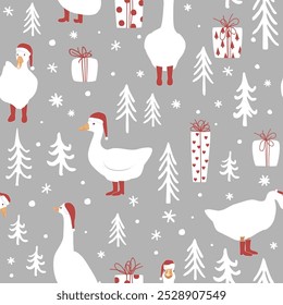 Seamless winter forest pattern with cute geese in Santa Claus hats and red boots. Merry Christmas vector background.