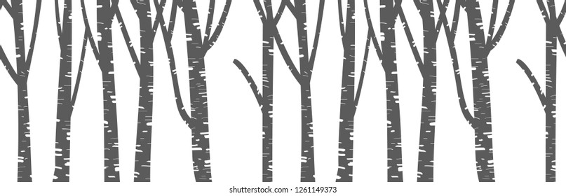 Seamless winter forest pattern. Winter landscape with tree stems in flat style. Black and white winter wide horizontal background and backdrop. Cartoon vector illustration. Christmas image. EPS 10