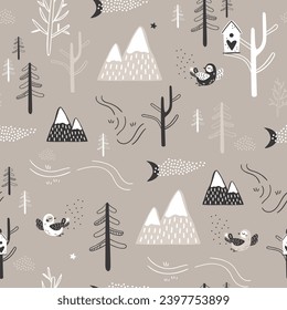 Seamless winter forest pattern with trees, mountains, paths, birds, moon and stars. Vector pattern in monochrome for fabric, textile, wallpaper.