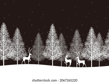 Seamless Winter Forest With Reindeers Isolated On A Black Background. Christmas Vector Background Illustration. Horizontally Repeatable.