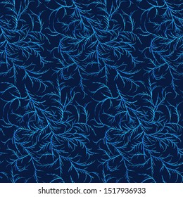 Seamless winter frost pattern. Tile texture with tangled ornament of frozen ice crystal flowers