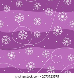 Seamless winter frozen pattern. Purple background with hand-drawn snowflakes and dots. Vector Illustration for the design of seasons, christmas and new year.
