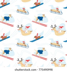 Seamless winter fun pattern with cute dogs