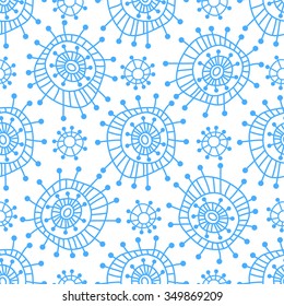 Seamless winter geometric pattern. Light blue snowflakes on a white background in the style of hand drawn doodles. For the design and decoration background, wallpaper, packaging, fabrics, textiles.