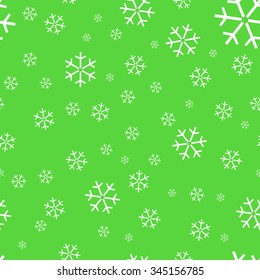 Seamless winter green background with white snowflakes. Vector illustration