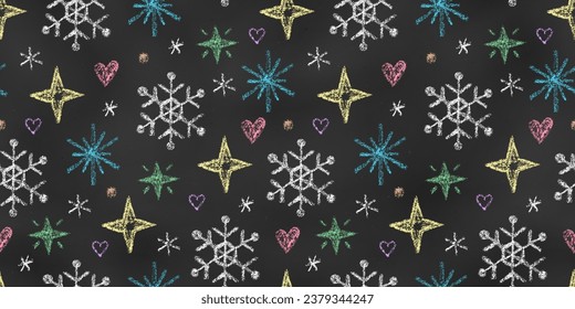 Seamless Winter Grunge Pattern of Chalk Drawn Sketches Snowflakes, Stars and Hearts on Dark Blackboard. Continuous Background of Realistic Crayon-Drawn Winter Symbols on Chalkboard Backdrop.