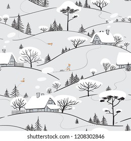 Seamless winter hand drawn pattern with hills, trees, houses, foxes and child. Landscape ornamental background for wallpaper, pattern fills, printing on fabric, digital paper. Vector illustration.