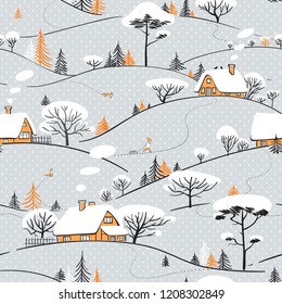 Seamless winter hand drawn pattern with snow, trees, houses, foxes and child. Landscape ornamental background for wallpaper, pattern fills, printing on fabric, digital paper. Vector illustration