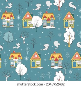 Seamless winter hand drawn pattern with trees, houses, chimney smoke and snow piles. Landscape background for wallpaper, printing on fabric, cards.