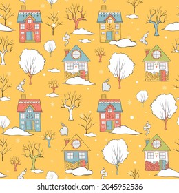 Seamless winter hand drawn pattern with trees, houses, chimney smoke and snow piles. Landscape background for wallpaper, printing on fabric, cards.