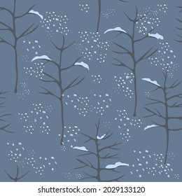 Patrón de invierno sin foco dibujado a mano con árboles recubiertos de nieve sobre un fondo azul con puntos de polka. Textura ornamental paisajística para papeles pintados, cubiertas, rellenos de patrones, impresión de tela, papel digital