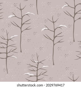 Seamless winter hand-drawn pattern with snow-covered trees on a gray polka dot background. Landscape ornamental texture for wallpapers, covers, patterns, printing on fabric, digital paper