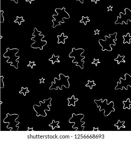 Seamless winter holiday monochrome pattern, white fir tree, stars on black stock vector illustration for web, for print, for fabric, textile
