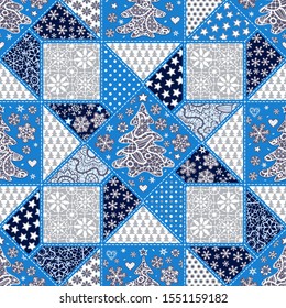 Seamless Winter Holiday Patchwork Background. Christmas trees, stars, snowflakes, hearts. Decorative lace pattern for greeting card, fabric, wallpaper, digital paper, fills, etc.