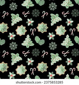 Nahtlose Winterferien mit Weihnachtsdekorationen auf schwarzem Hintergrund. Vektorgrafik 