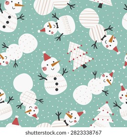 Seamless winter holiday pattern featuring cute, smiling snowmen wearing red party hats and bow ties.