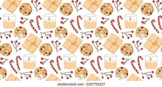 Seamless Winter holiday pattern with hand drawn cozy elements. Autumn or Winter season Attributes. Repeated vector background for textile, paper, wallpaper, packaging. Christmas Season Design element