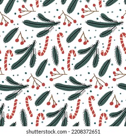 Seamless Winter holiday pattern with hand drawn elements. Winter Attributes red barries, evergreen branches, candy cane. Vector background for textile, wallpaper, packaging. Christmas Season Design