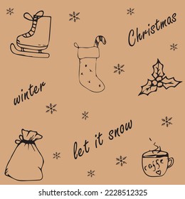Seamless winter holiday pattern with simple freehand doodles of ice skates, christmas stocking, snowflakes, lettering, coffee cup and gift bag on beige background