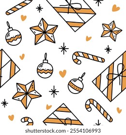 Seamless winter holiday pattern. Sweets, toys and gifts in doodle style.