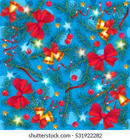 Seamless. Winter holidays background. Glowing lights. Bell. Bow. Spruce branches. Ribbon. Garland. Rowan. Fir. New Year decoration.