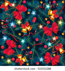 Seamless. Winter holidays background. Glowing lights. Bell. Bow. Spruce branches. Ribbon. Garland. Rowan. Fir. New Year decoration.