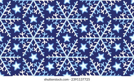 Seamless winter holidays background with snowflakes and stars. Christmas ornamental decorative pattern. Vector texture