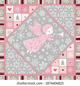 Seamless Winter holidays patchwork background. Christmas angel with trumpet, snowflakes, stars, Christmas trees. Vector decorative illustration.