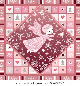 Seamless Winter holidays patchwork background. Christmas angel with trumpet, snowflakes, stars, Christmas trees.