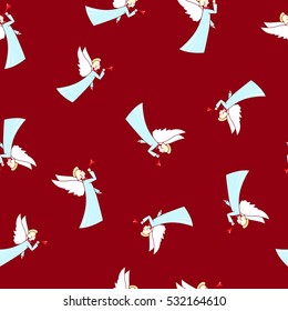 Seamless Winter Holidays Pattern with Angel ,Colorful Christmas Angel on Red Background, Vector Illustration 