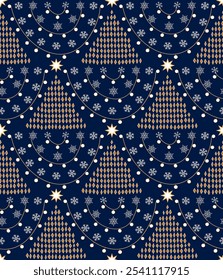 Seamless winter holidays pattern. Christmas trees, Christmas lights and snowflakes. Ornamental background.